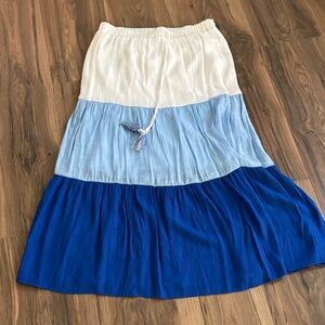 Blue and White Tiered Maxi Skirt small